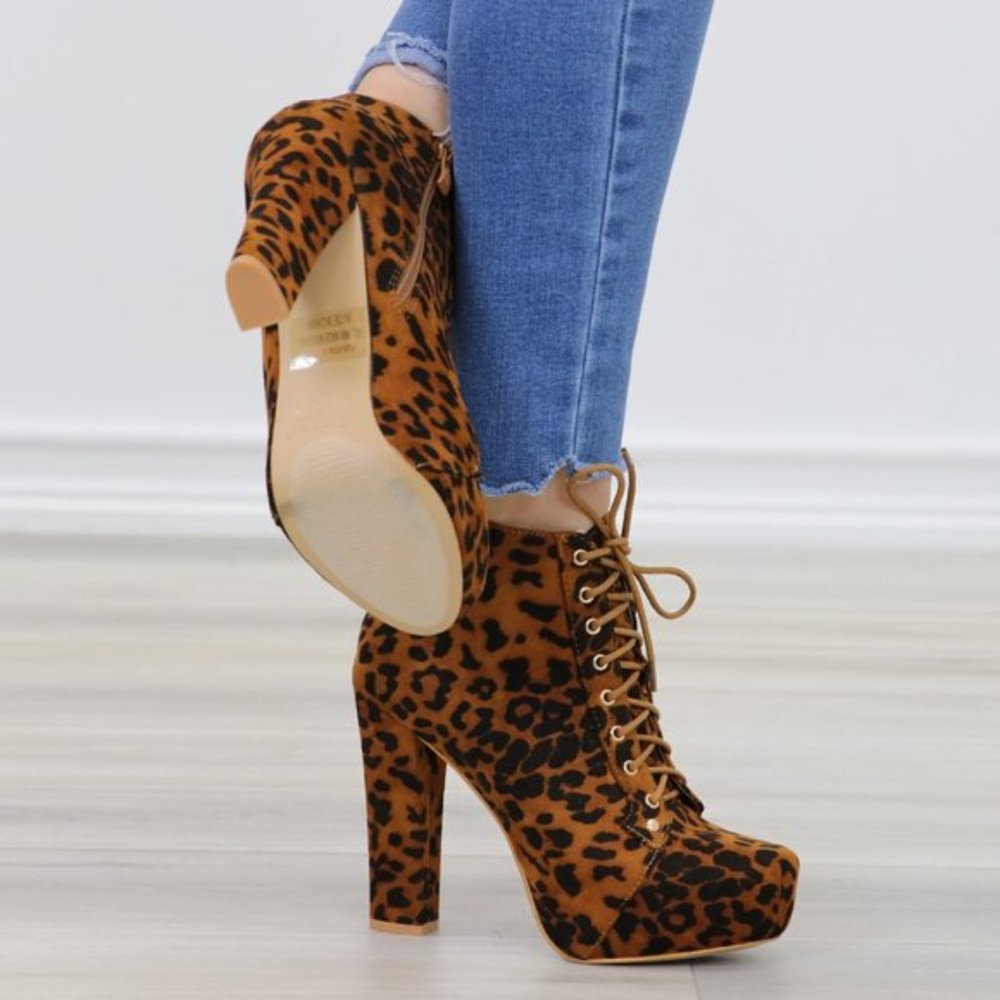 Leopard Print Suede Heeled Ankle Booties - Picture 9 of 11